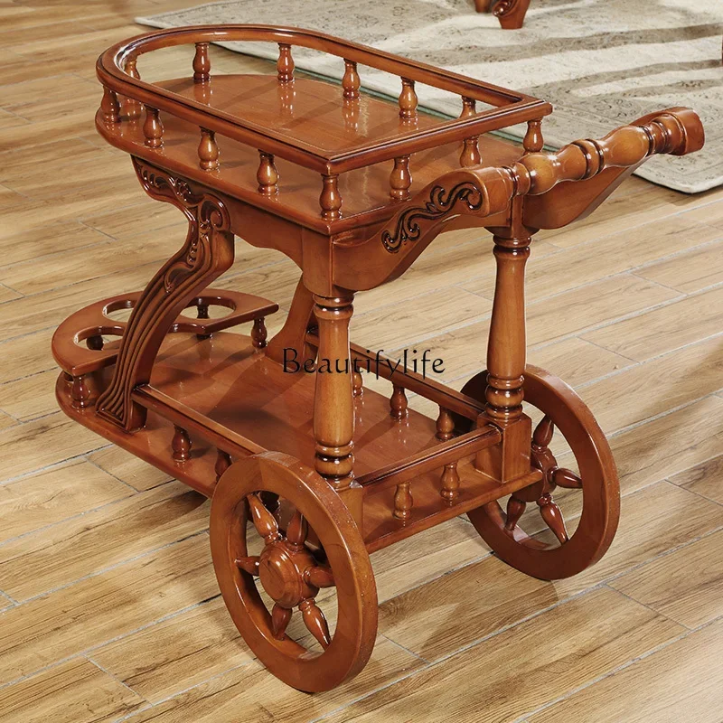

09ZAll solid wood European wine cart American mobile trolley carved food preparation cart