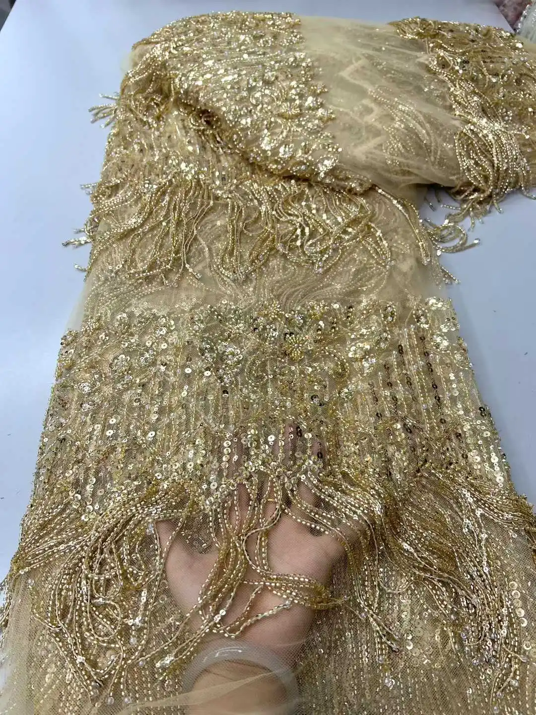 Latest French 3D Tassel Beaded Tulle Lace Fabric 2026 High Quality African Lace Fabrics With Sequins For Evening Party Dresses