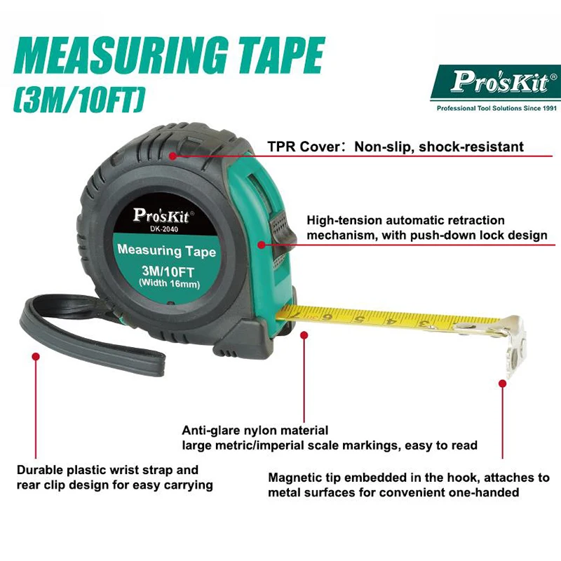 Pro'skit 3m/5m/7.5m Measuring Tape Measure Non-Slip Automatic Retraction Construction Site Measurement Manual Tool Tape Measure