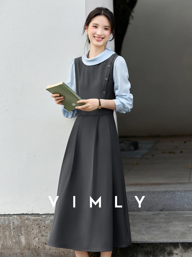 

VIMLY Long Dresses Woman 2025 Fall Casual Contrast Color Female Dress French Patchwork Puff Sleeve Loose Ladies Dresses A2985