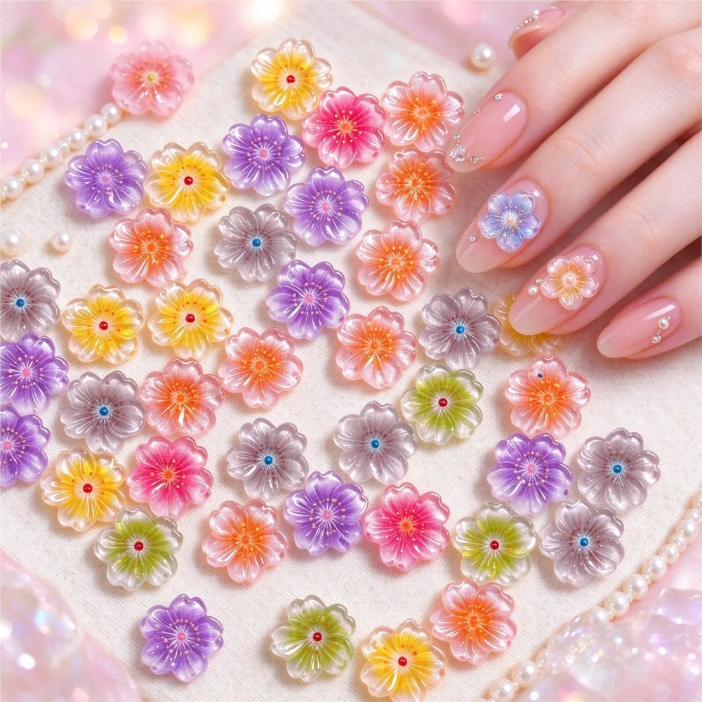 50pcs mix Gradient Sakura Floral Nail Charms Ice Translucent Cherry Blossom Nail Rhinestones resin Jelly Soft Flower Nail Decora