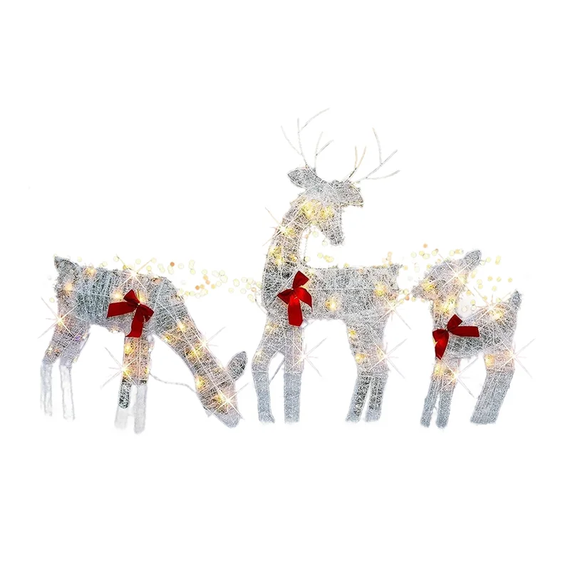 Set of 3 Lighted Christmas 2D Reindeers Outdoor Decorations, Pre-Lit Light Up Xmas Rudolph & Santa Sleigh with Lights