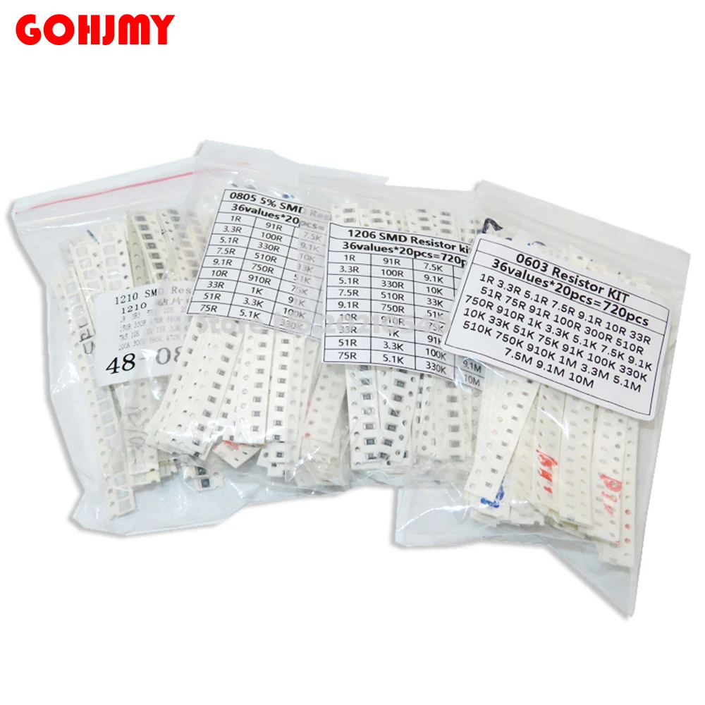 200PCS 660PCS 720PCS 4000PCS 0402 0603 0805 1206 1210 2512 SMD Resistor Kit 10K 100K 1K 1R 100R 220R 1% 5% Assorted Kit