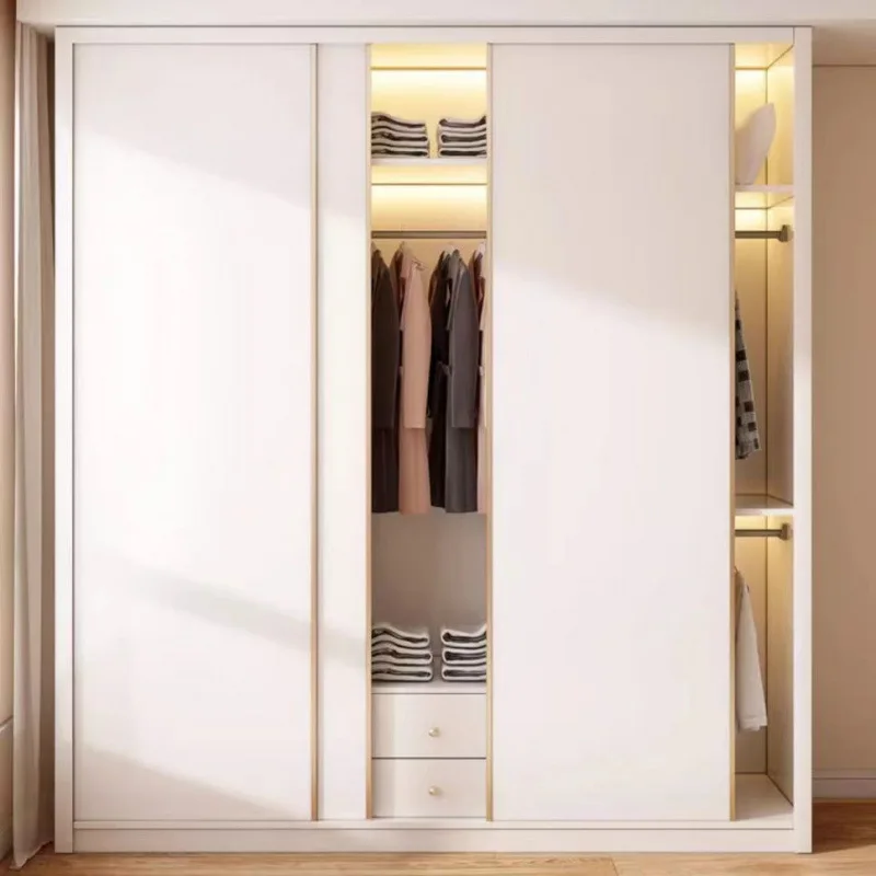 

Solid wood ENF grade European pine board sliding door large wardrobe bedroom cream wind sliding door light luxury rental