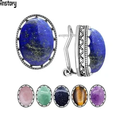 Oval Natural Lapis Lazuli Tiger Eye Pink Quartz Jades Blue Sequins Earrings Antique Sliver Plated  Fashion Jewelry For Women