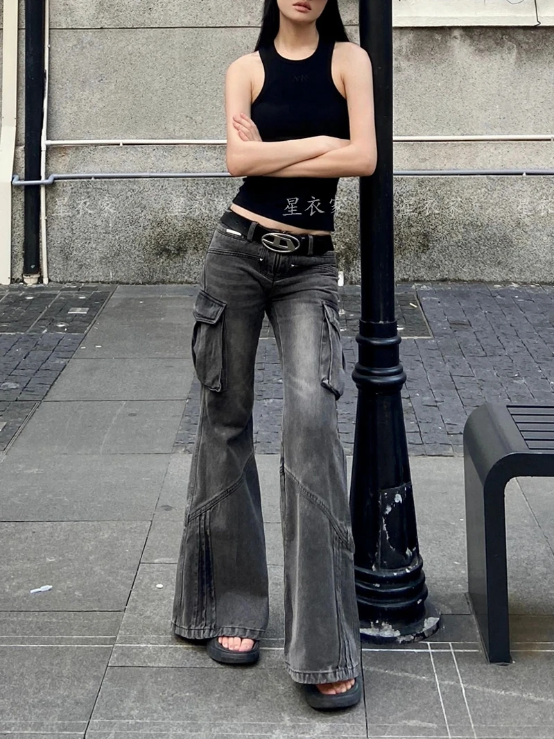 

Women's Blue Gothic Bow Flare Jeans Harajuku Aesthetic Y2k Denim Trousers High Waist Cowboy Pants Vintage 2000s Trashy Clothes