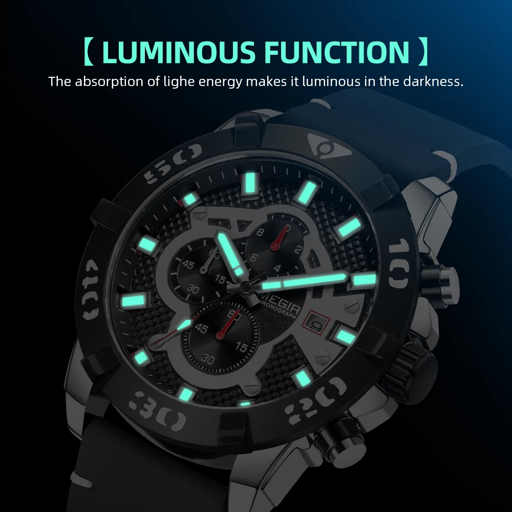 MEGIR Luxury Leather Strap Men Quartz Watches Chronograph Waterproof Luminous Date Sports Military Wristwatch Clock Reloj Hombre