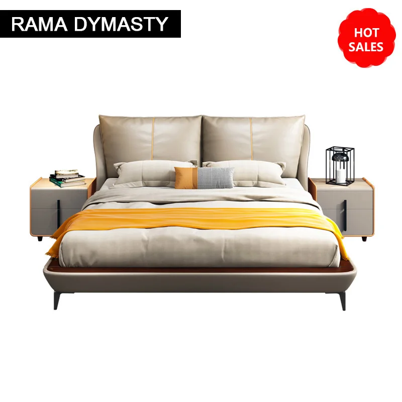 RAMA DYMASTY genuine leather soft bed modern design bed/ fashion king/queen size bedroom furniture