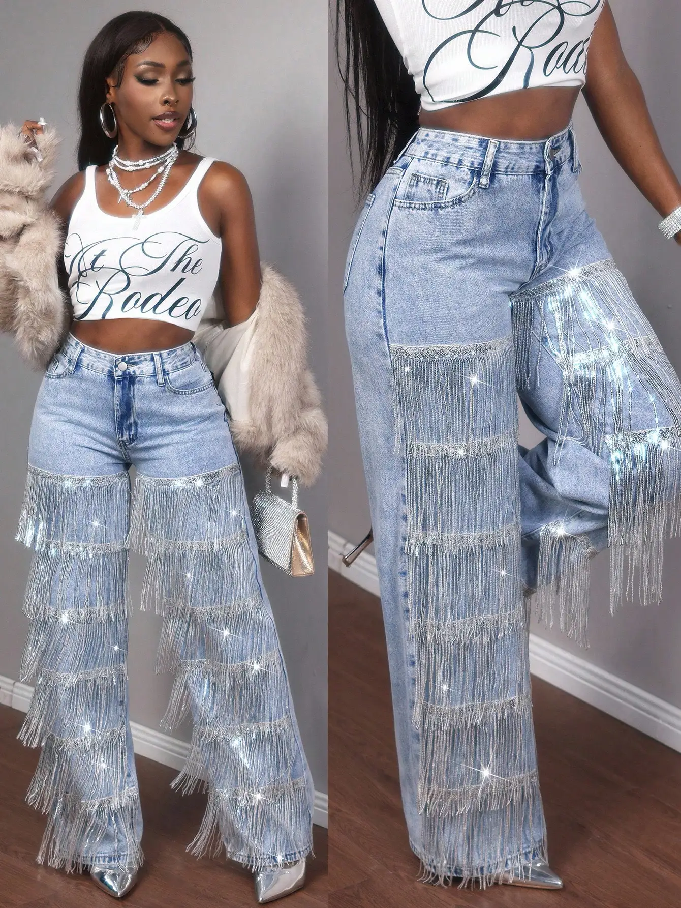 

Женские джинсы с высокой талией и широкими штанинами, украшенные пайетками и бахромой, для вечеринок и выходов в свет