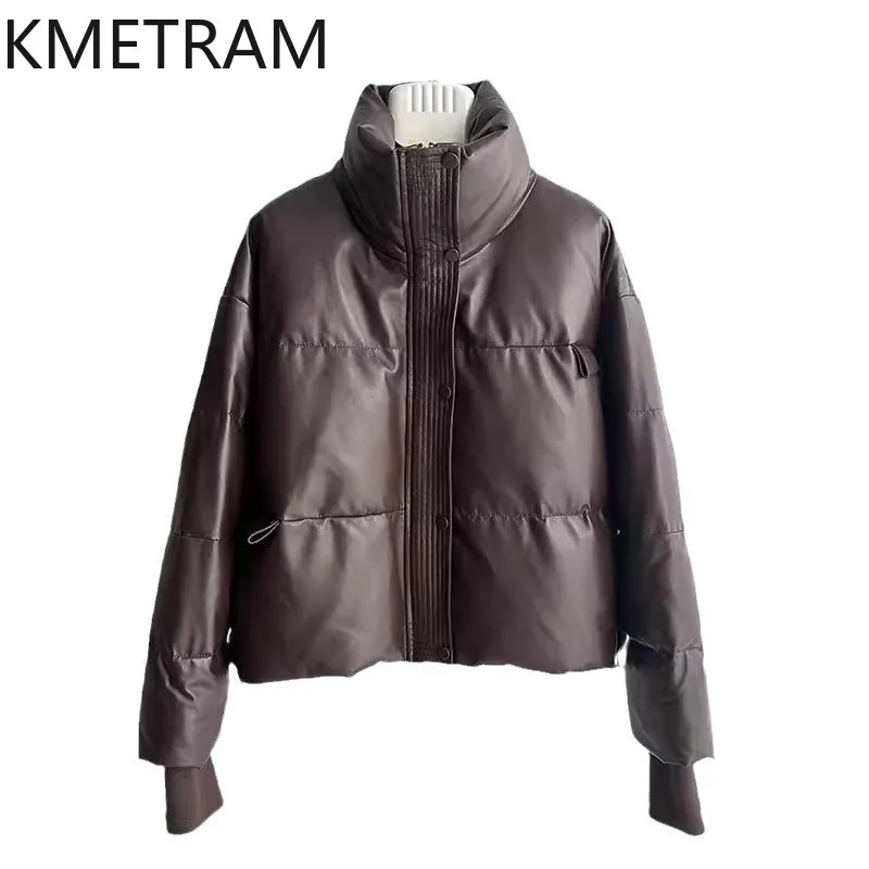 100% 양피 다운 코트 여성 스탠드 칼라 정품 가죽 짧은 퍼퍼 자켓 2025 겉옷 겨울 의류 여성 пуховик