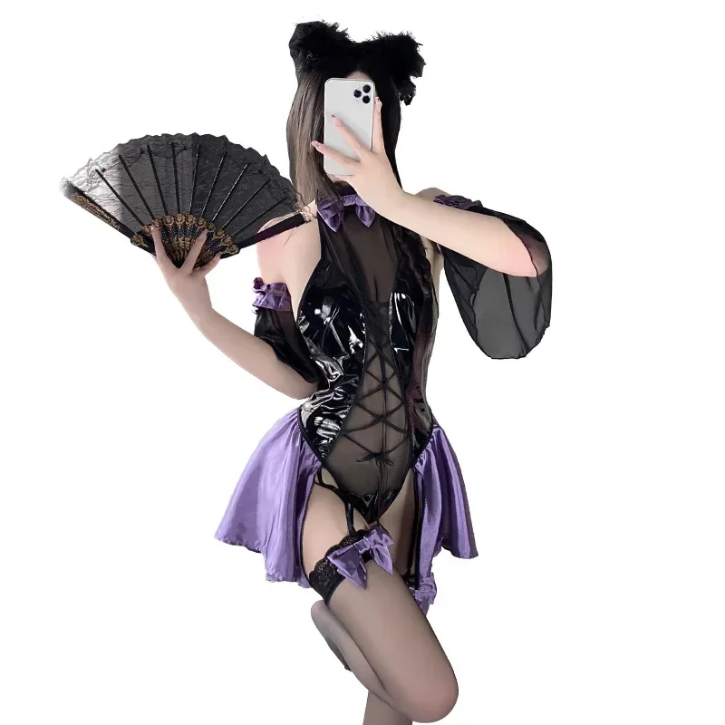 Genshin-Cosplay de pescado de impacto, vestido de sirvienta de Halloween, ropa de dormir Lolita para niñas, soporte sin espalda, mono de cuero de látex, conjunto de lencería MN4