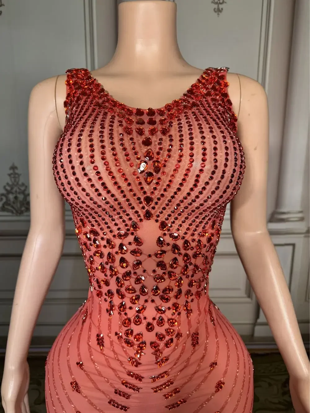 Rotterdam-Robe Longue Rouge Kly avec Strass pour Femme, Robe Transparente en Fibre de Maille, Tenue de Soirée et d'Anniversaire, Séance Photo