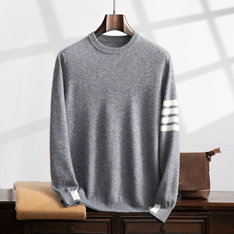 Autumn And Winter New item (100% Cashmere) Men's Round Neck TB Contrasting Color Temperament Versatile Casual Sweater For Men