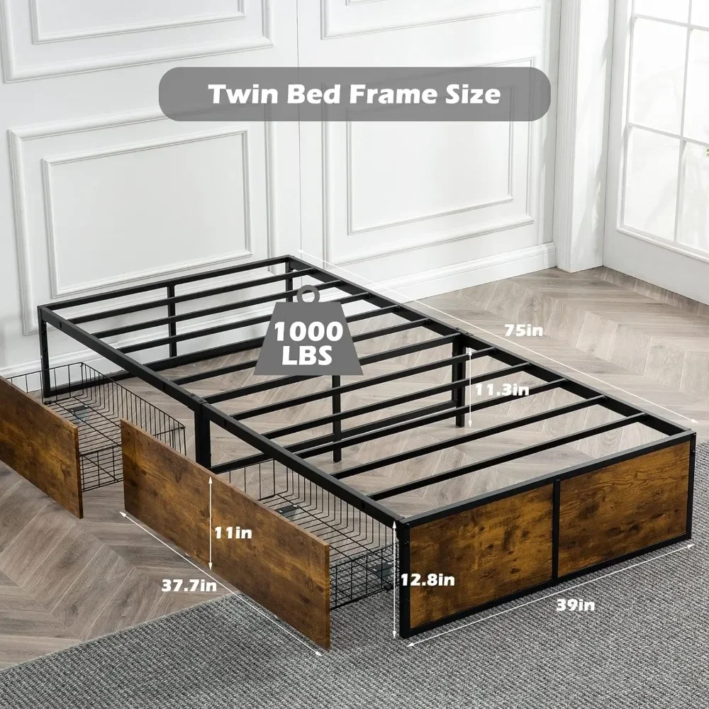 Twin Bed Frame with 2 XL Storage Drawers, Metal Platform Bed Frame with Footboard