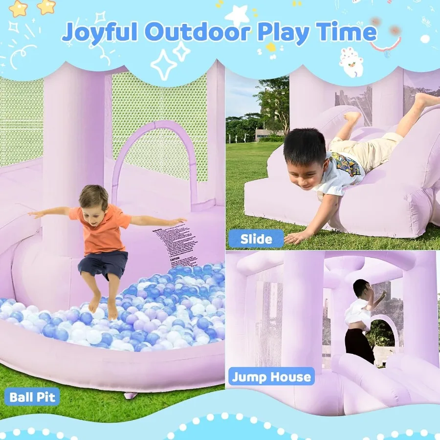 紫色のバウンスハウス、送風機付きインフレータブルバウンスハウス、ボールピット付きジャンプキャッスルバウンスハウス、パーティー、結婚式、バックに