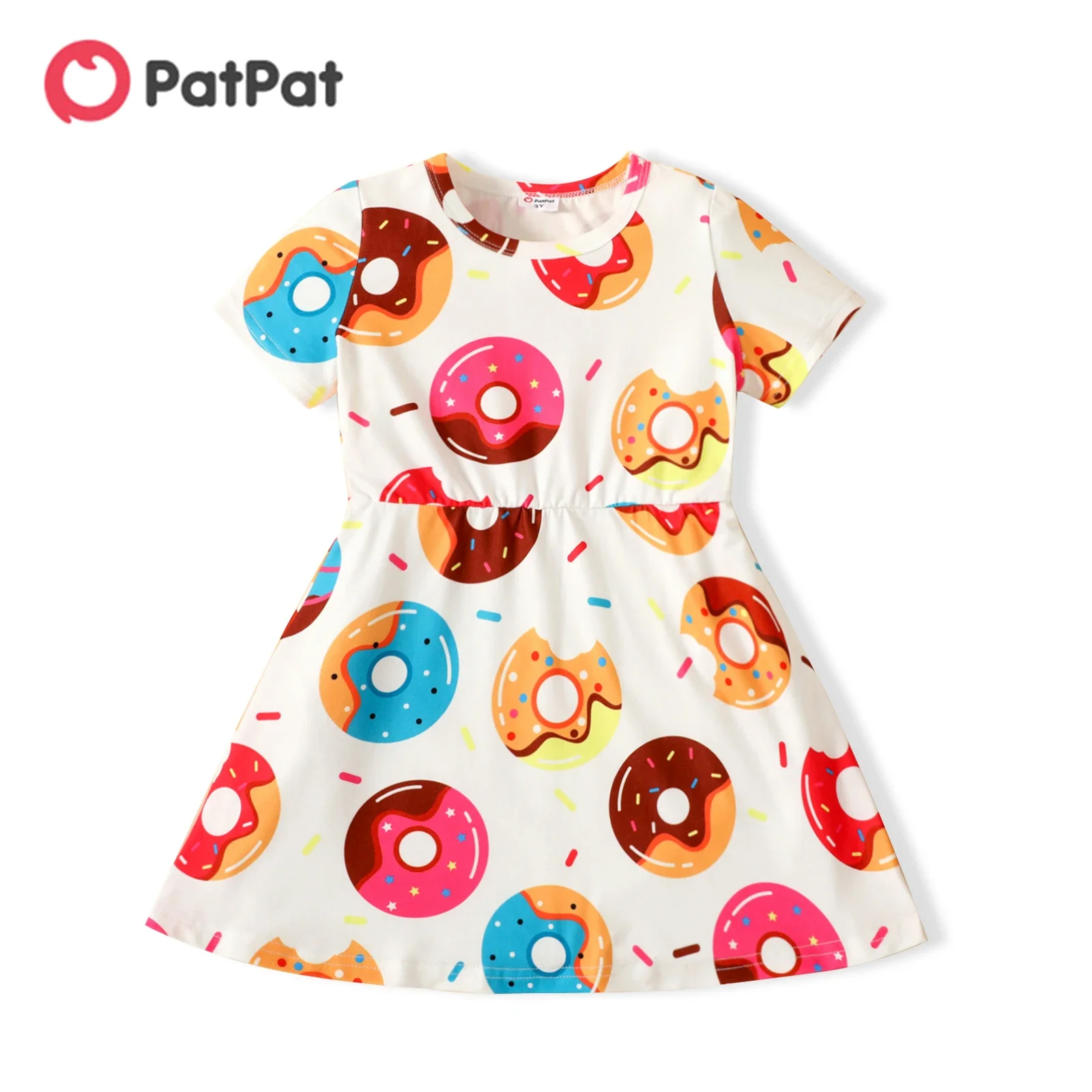 PatPat Toddler Girl Food Donut Print Short-sleeve Dress Soft and Comfortable  Perfect for Outings and Daily Wear Basic Style