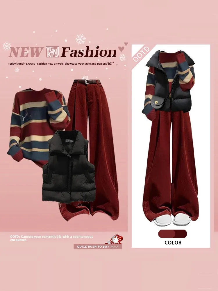 Winter Knitted Sweater Vest Striped Casual Loose Women's Faion Set Tee-Piece Suit Red Wide Leg Pants Slimming Effect