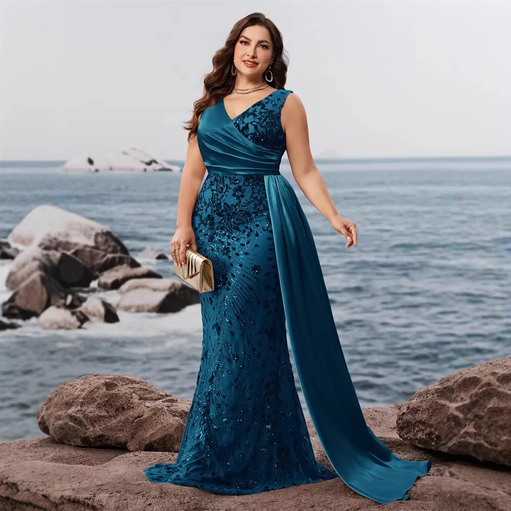 Vestido Maxi de Sirena Talla Grande Azul Pavo Real con Cuello en V, Sin Mangas, Cruzado, Fruncido, con Lentejuelas Florales, Tul y Cola Lateral de Satén