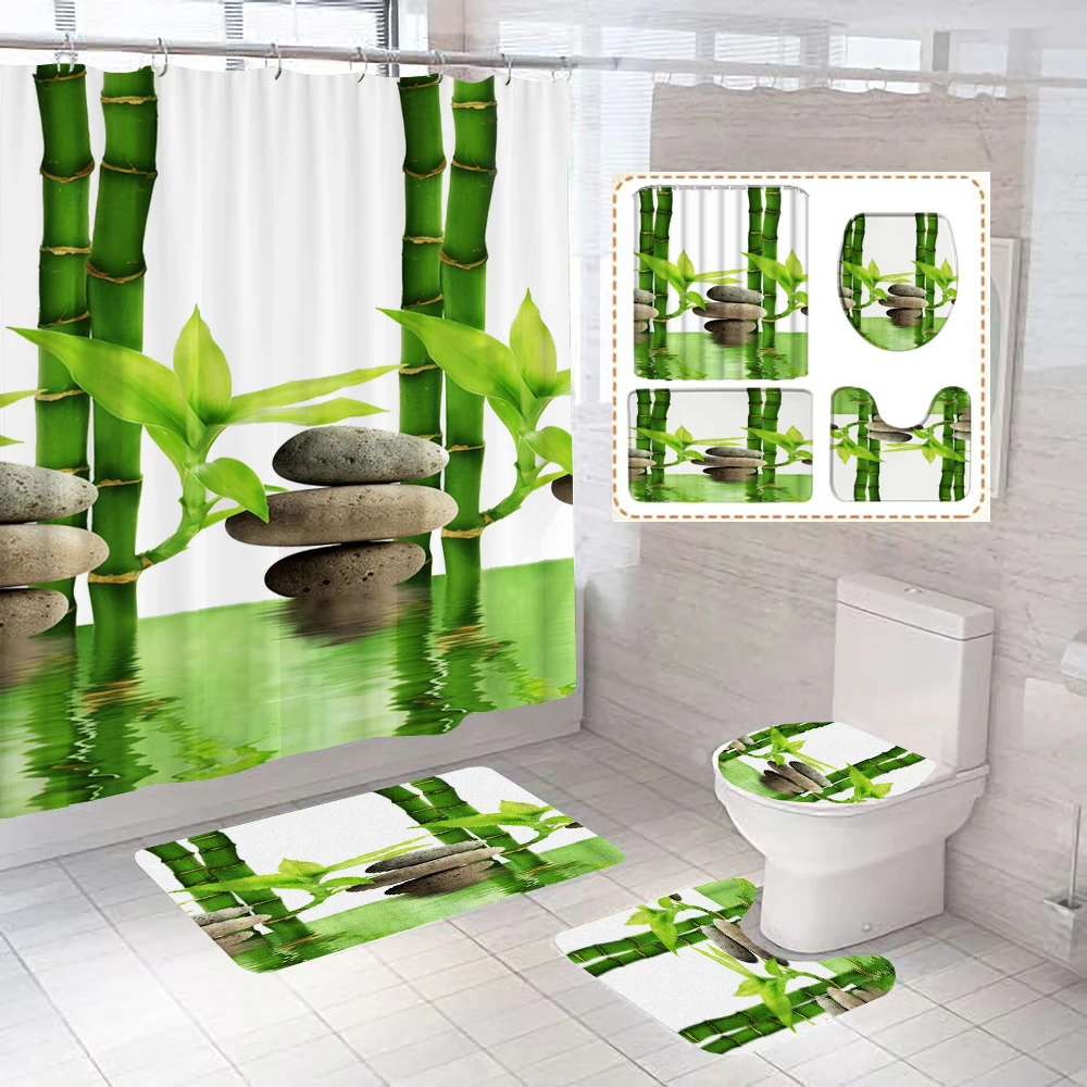 

Green Plants Bamboo Flowers Zen Stone Bathroom Curtain Polyester Fabric Shower Curtains And Rugs Toilet Cover Bath Mat Set Decor