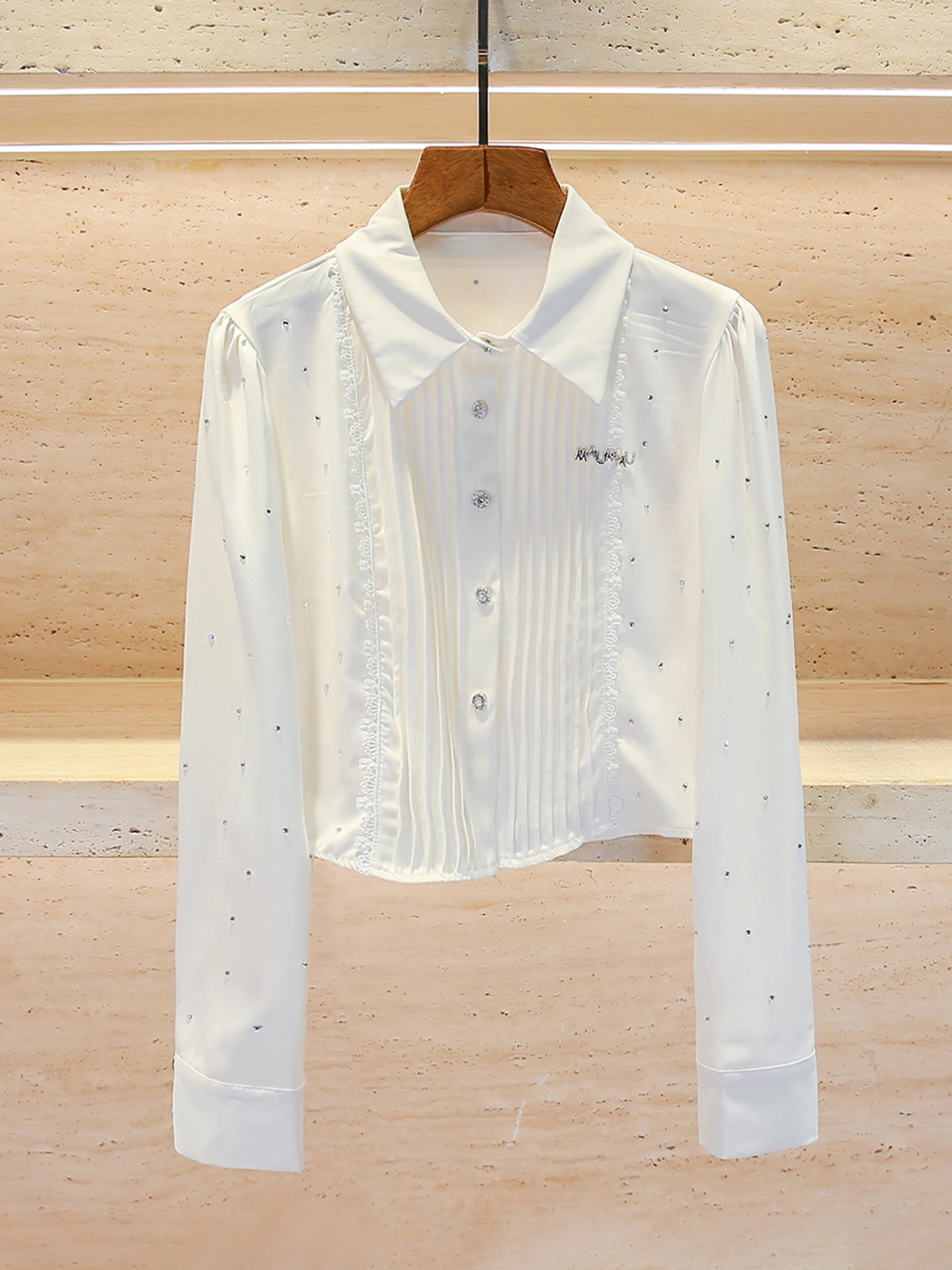 

High-End Women's Lace irt Collar Diamond Embellied Loose Fit Long Sve ort Length Commute Sle Daily Wear China Made