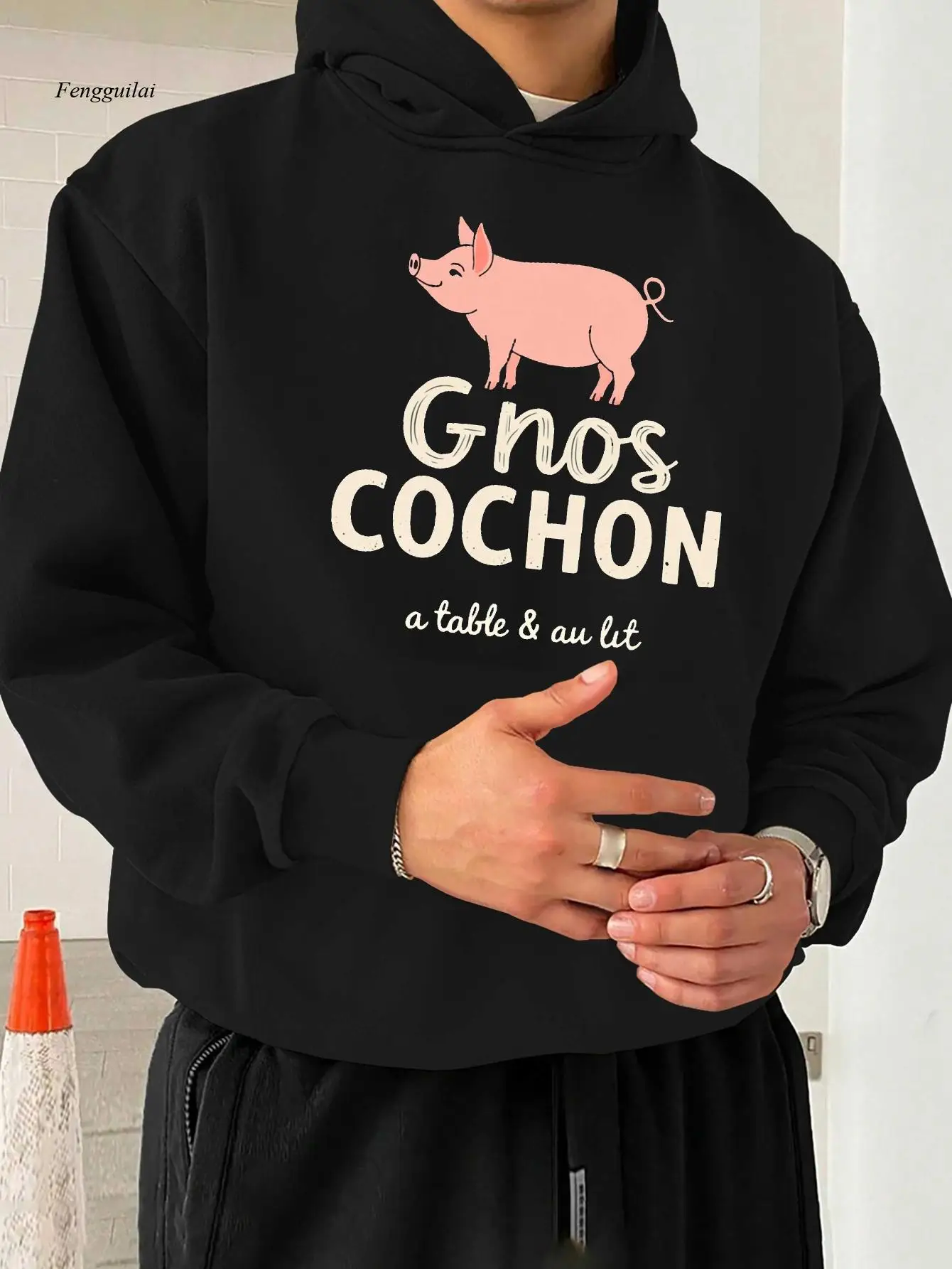 큰 돼지 그림 |   후드 스웨트셔츠, 신축성 없는 원단, 루즈핏, 캐주얼 스타일, 긴 소매, 프린트 패턴