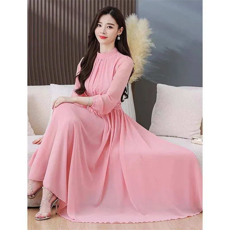 Elegante Boho Donna O-Collo Sottile Elastico in Vita A-Line Abito Midi Pipistrello Manica Lunga Casual Vacanza Ufficio Abito Vintage da Donna