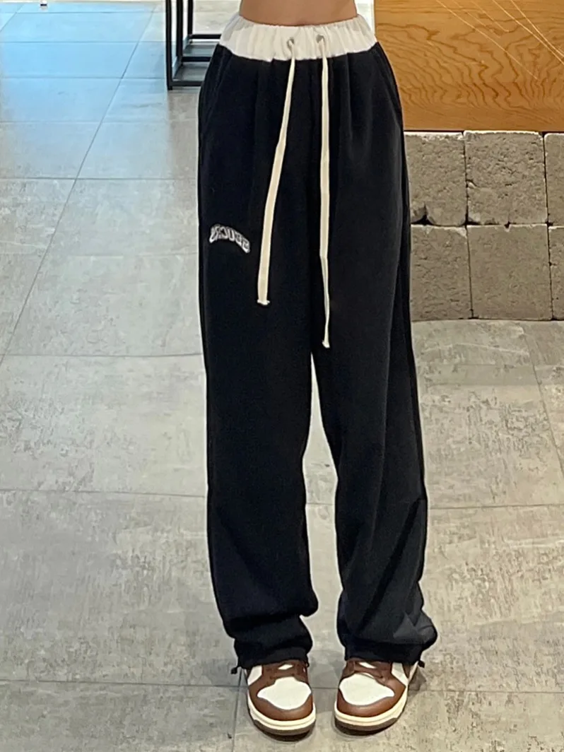 Damskie spodnie sportowe w stylu retro, z wysokim stanem, szerokimi nogawkami, luźne, proste, wygodne, idealne na zimę.