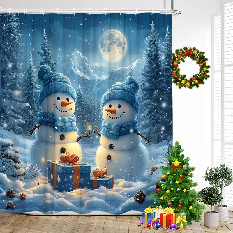 

Cute Blue Snowman Shower Curtains Winter Forest Cedar Snow Mountain New Year Christmas Home Bathroom Curtain Decor With Hooks