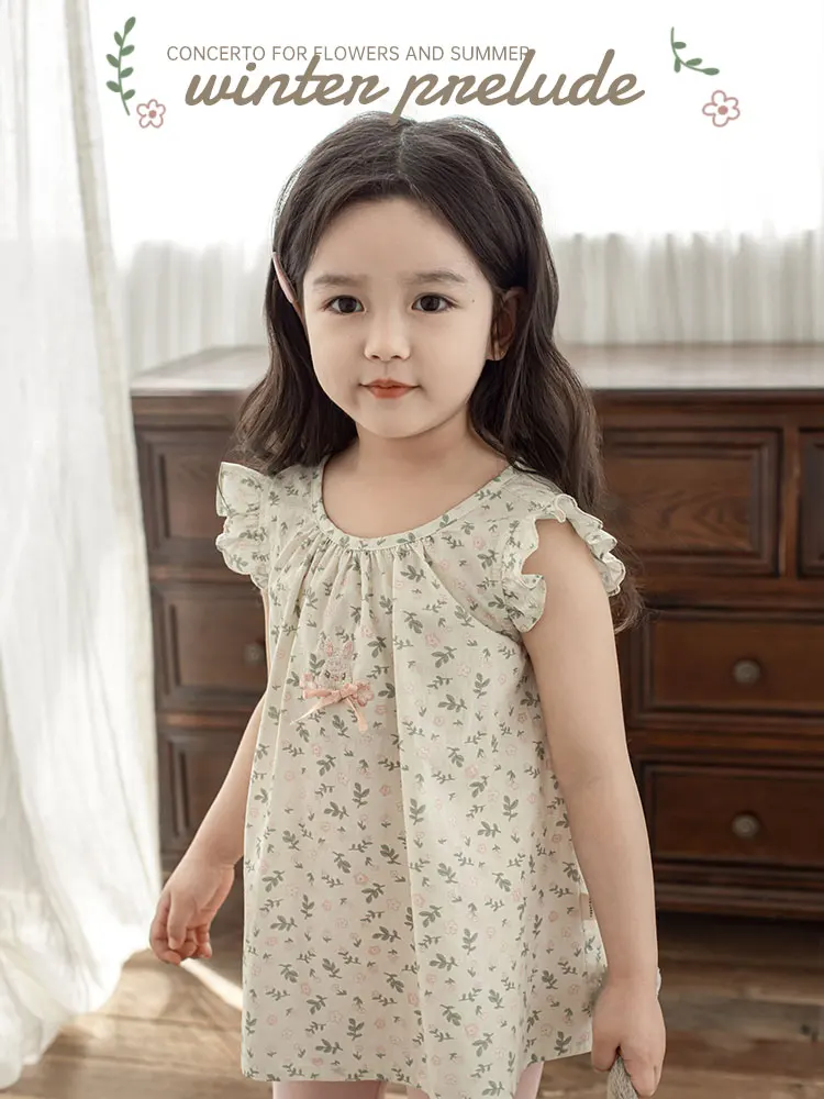 Girl's Floral Dress Summer Children's Energetic Cute Pleated Flying Sleeves Rabbit Dress