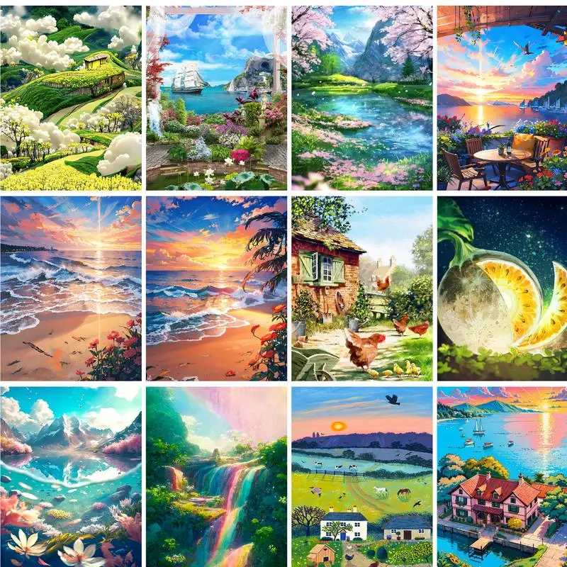 GATYZTORY Painting By Numbers On Canvas Mountain Landscape For Adults Kits Diy Paint With Numbers River Flowers Handmade Diy Gif