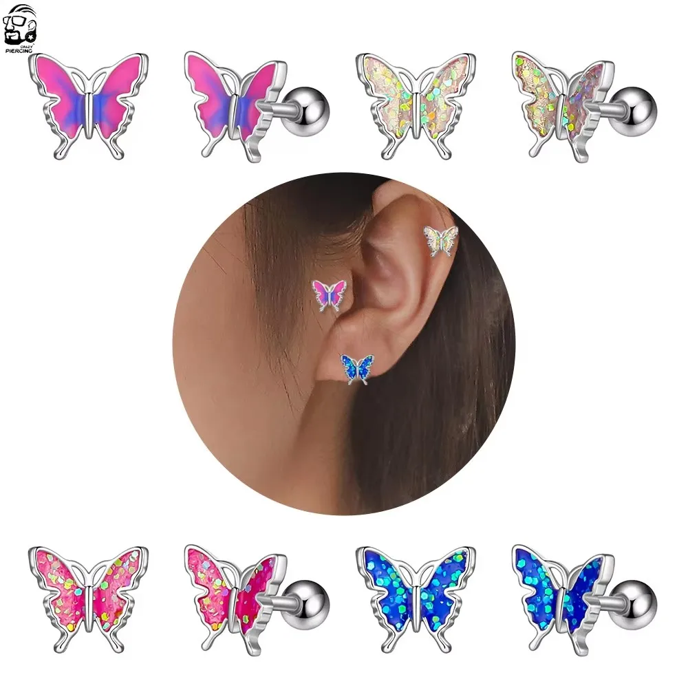 1/2 Stück bunte Schmetterling Ohr Tragus Piercing Lippe Labret Plug Chirurgenstahl Daith Ohrringe Helix Piercings Knorpel Da Orelha