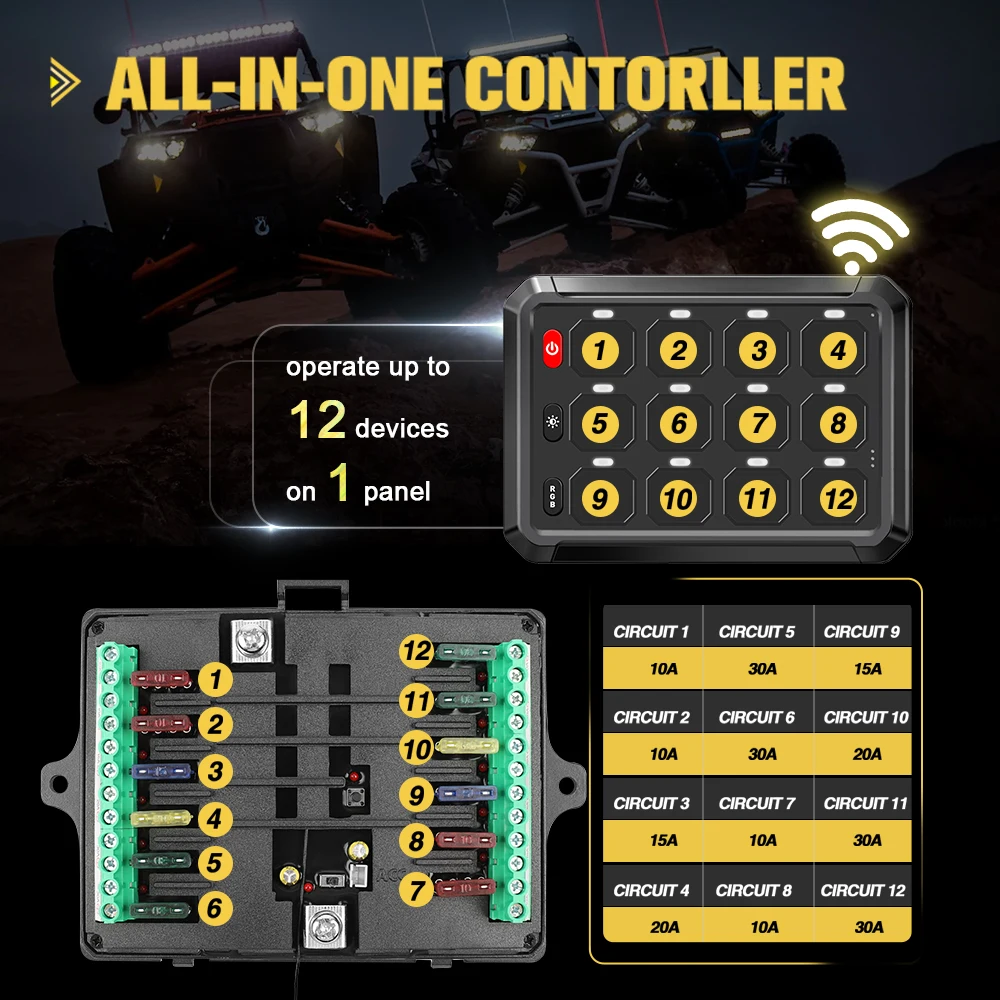 COLIGHT Wireless RGB 12 Gang Switch Panel Universal Circuit Control Relay System Box Toggle Momentary Strobe Switch for Offroad