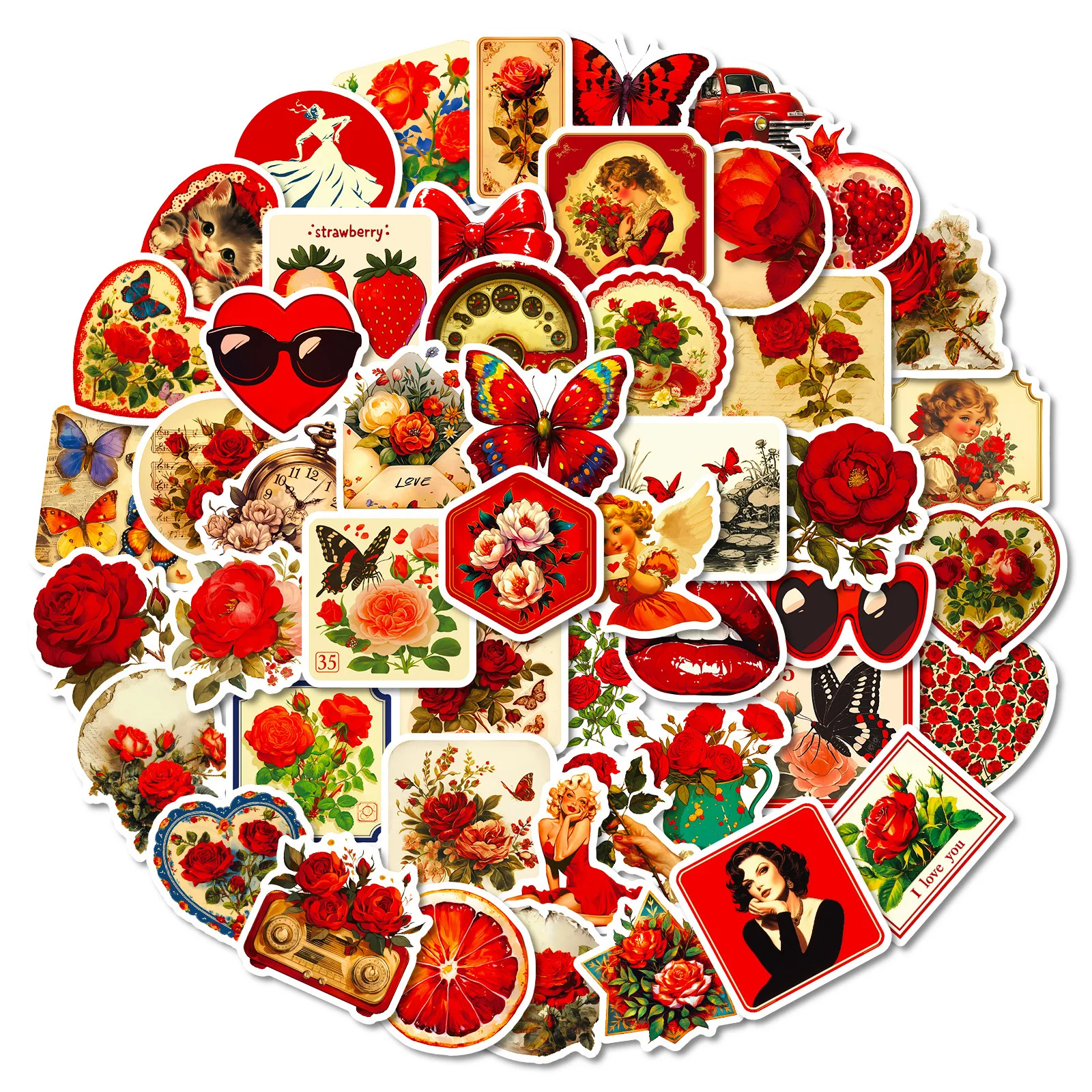 50 قطعة ريترو روز خربش فراشة امرأة روز ملصق نمط الديكور دفتر سكيت باد ملصقات مقاومة للماء لعبة أطفال #2