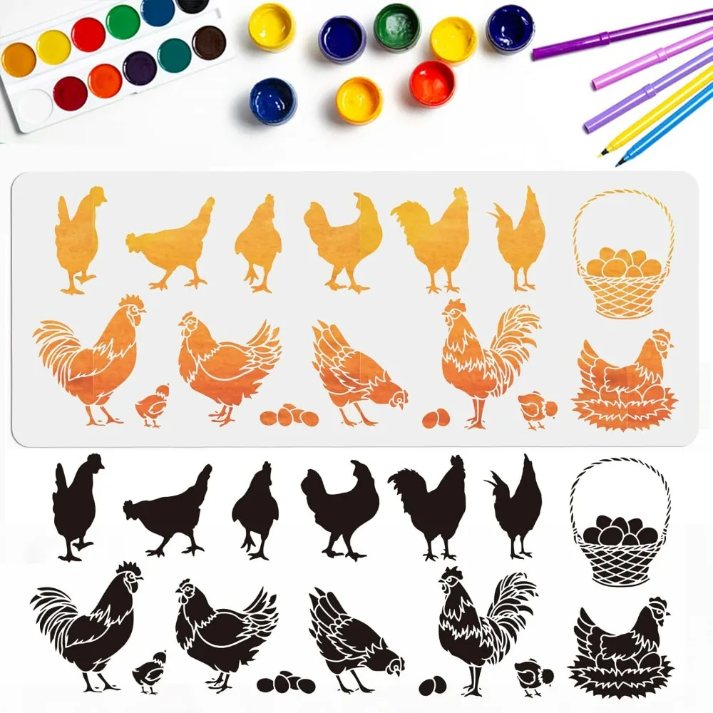 Chicken Stencil 39.4×15.7inch Large Rooster Hen Stencil Cock Chick Eggs Painting Stencils Farm Animal Drawing Templates for