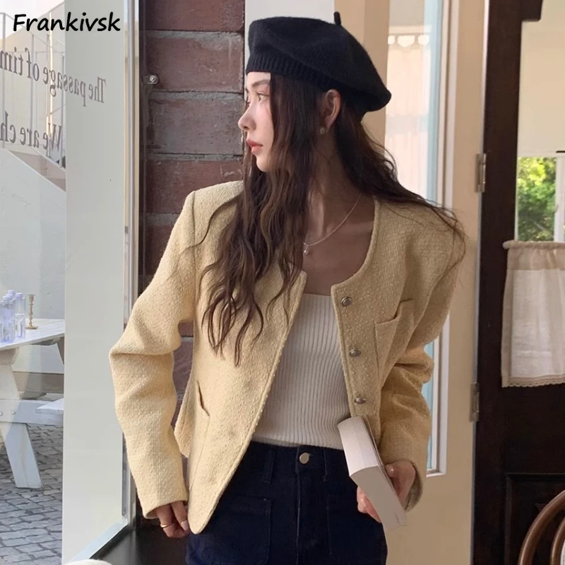 

Basic Jackets Women Sweet Cropped Woolen Coats Elegant Office Lady French Style Aesthetic Simple Fashion High Street New Females