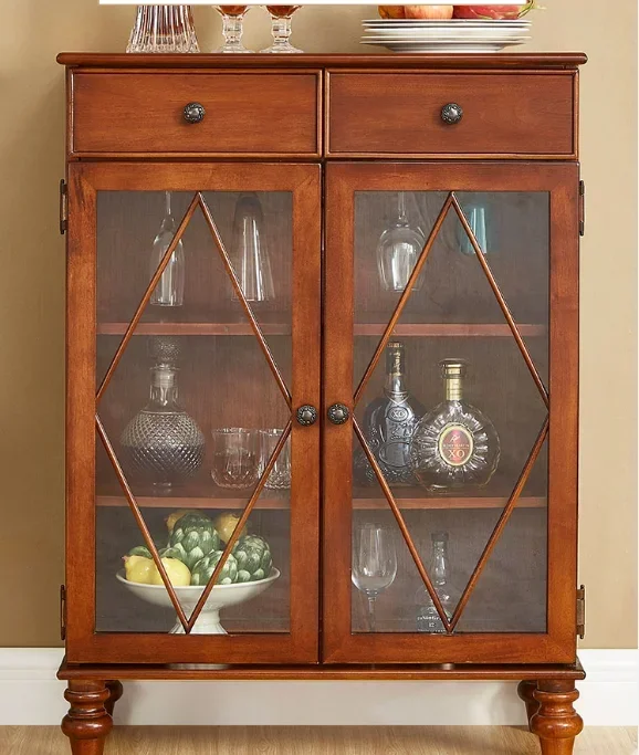 

Hot sales Solid wood small low wine cabinet, living room, household wall facing retro double door glass dining cabinet