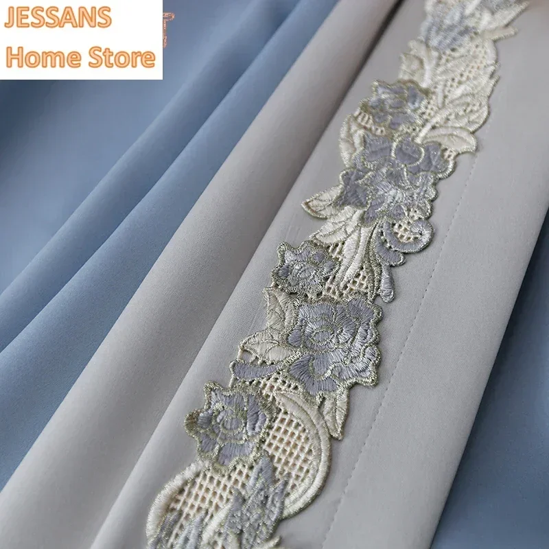 

Modern Simple Curtains Light Luxury Blackout Bedroom Living Room High Precision Blue and Gray Color-blocking French Curtain