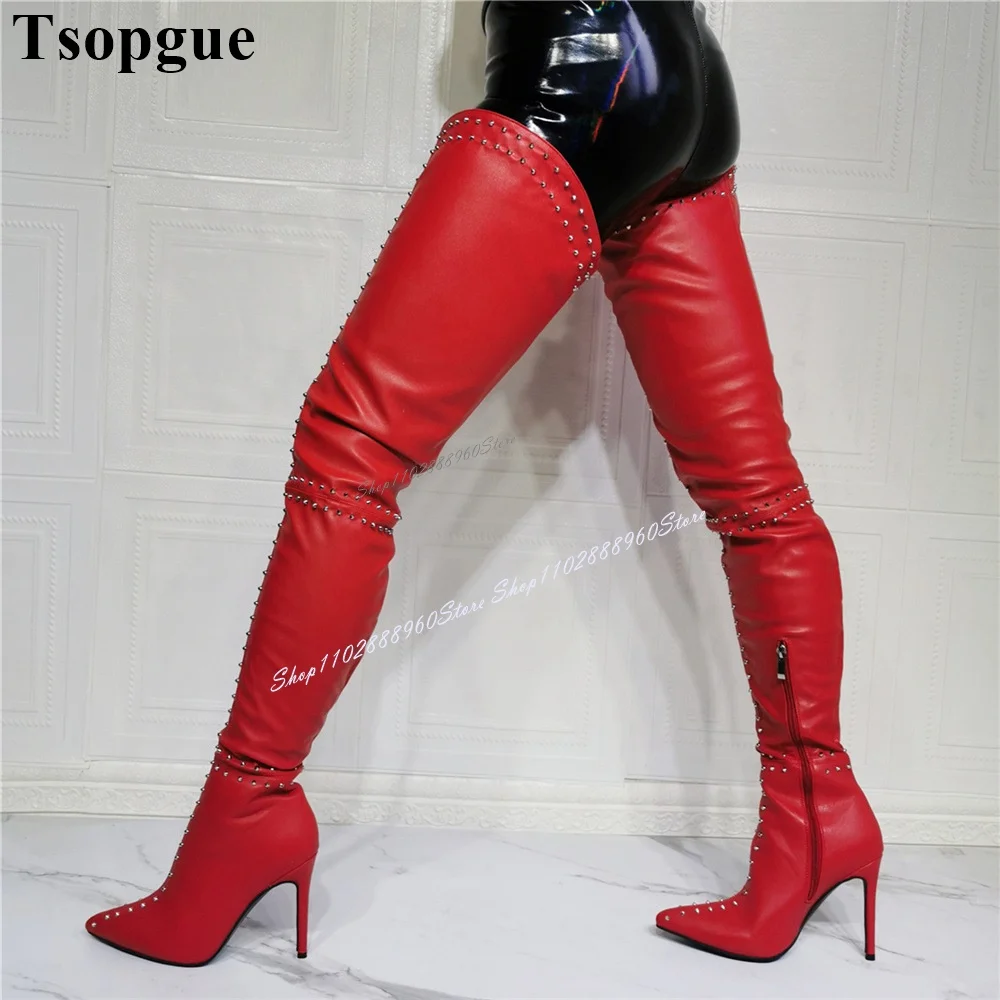 Over The Knee Red Matte Leather Rivet Decor Boots Thin High Heel Women Shoes Side Zipper Pointed Toe 2024 Zapatos Para Mujere