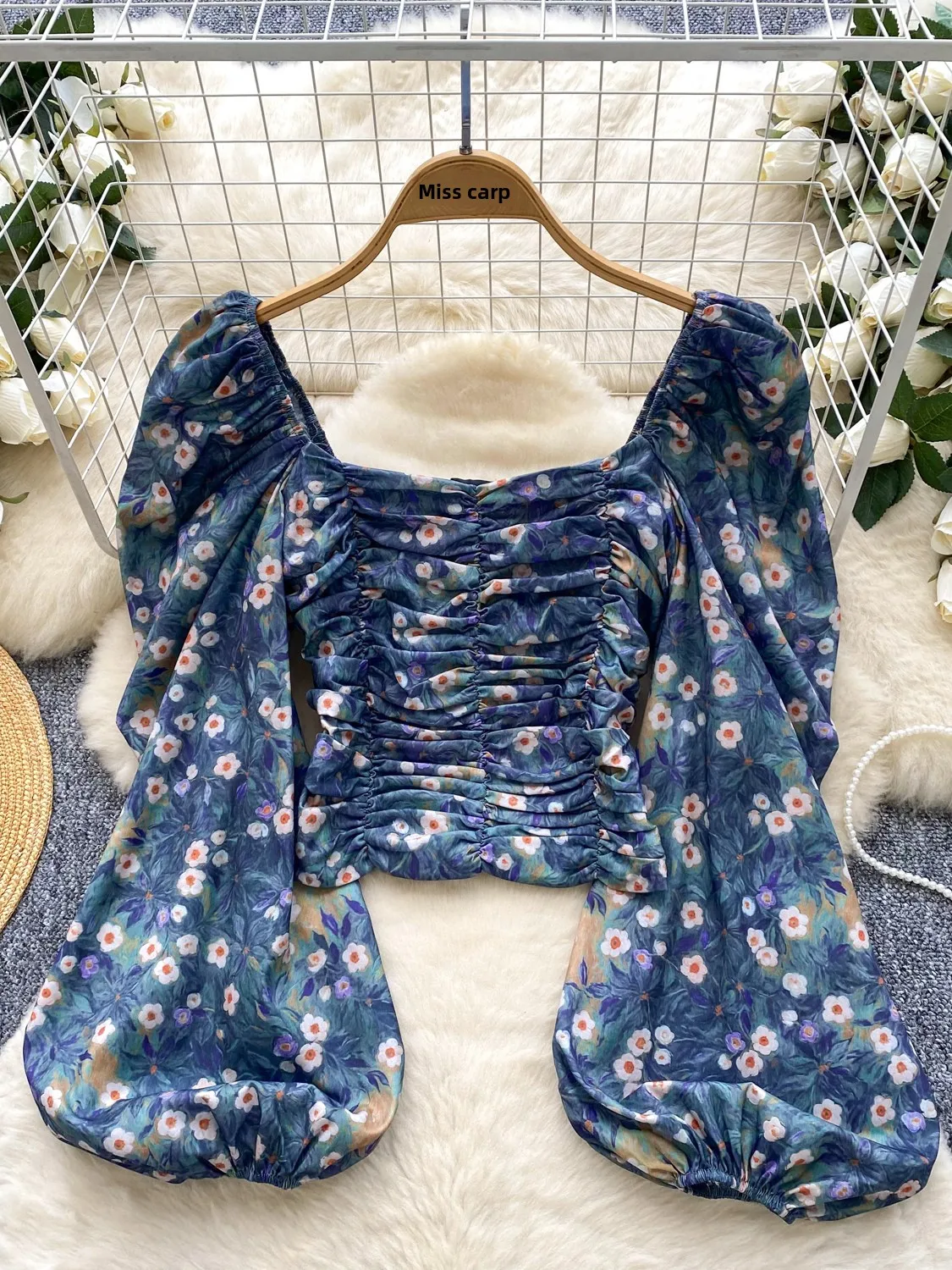 Rétro col carré bulle Sve Floral irt femmes automne Faionable polyvalent ort haut plissé coréen Sle coupe ample