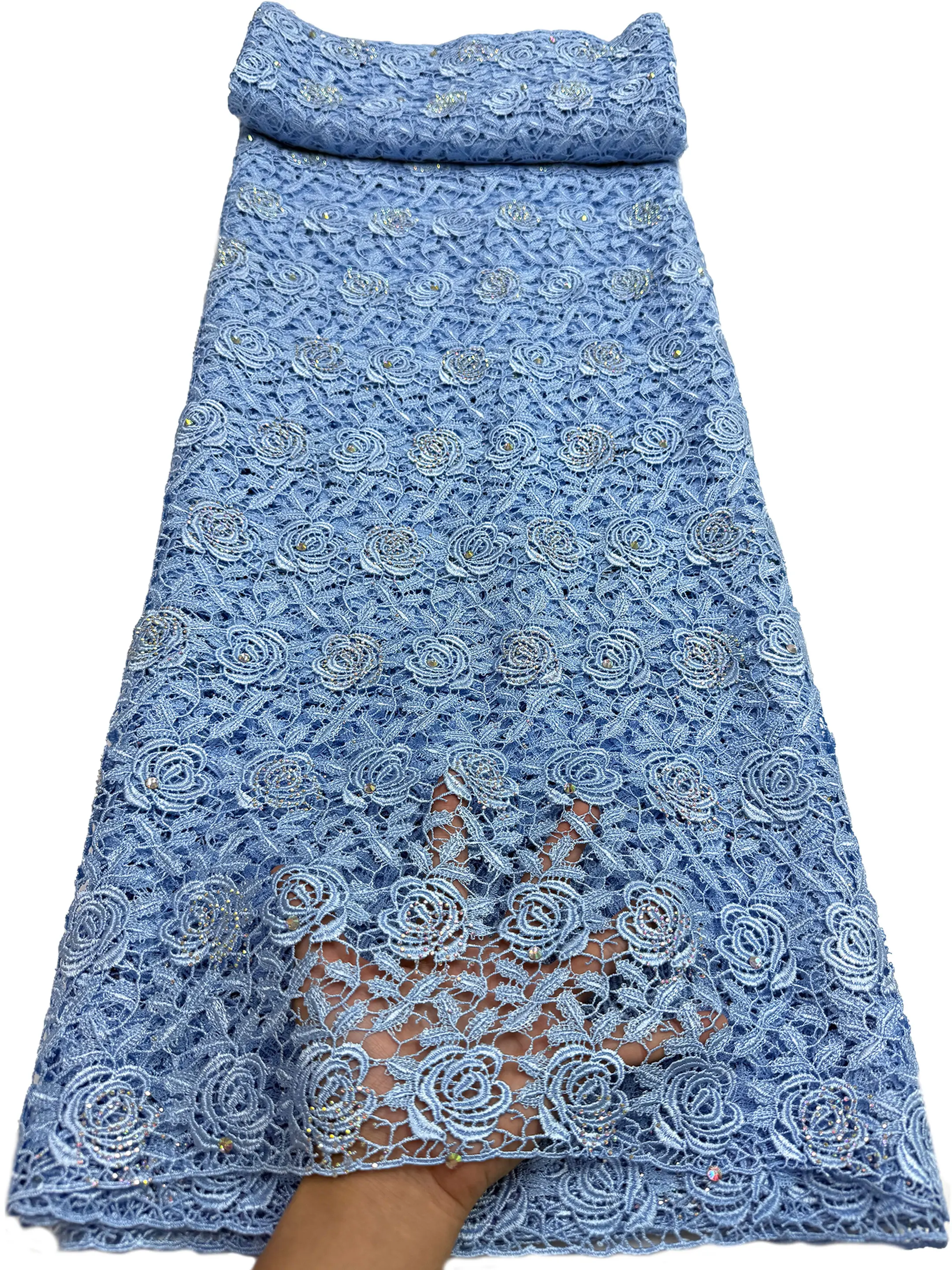 2026 African High Quality Guipure Cord Lace Fabric Water Soluble With Diamonds 5 Yards For Wedding Party Dresses Sewing Material