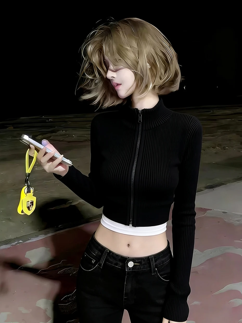 

American Style Hot Girl Zipper Long Sleeve Knitted Open Cardigan Women's Slim Fit Black Stand Collar Short Casual Top