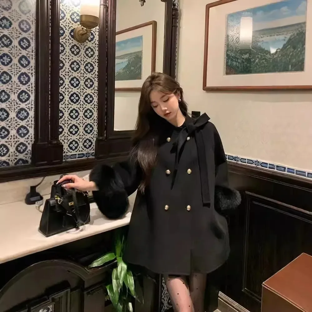 2024 الخريف الشتاء جديد مزدوجة الصدر معطف الصوف الإناث معطف الصوف كيب ريال فوكس معطف الفرو القوس الوجهين معطف من قماش الكشمير النساء
