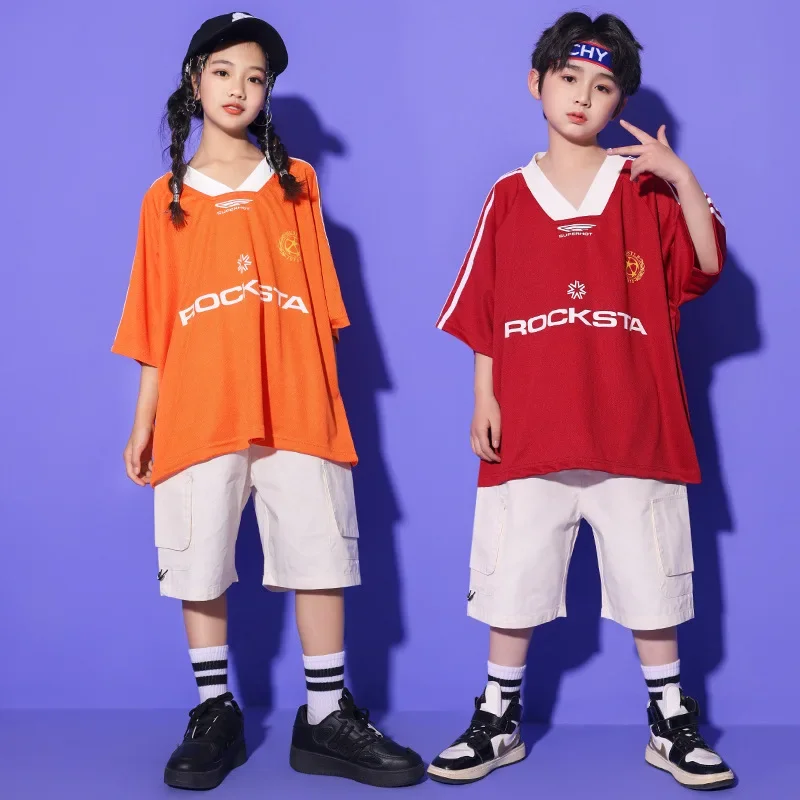 Verano niños Hip Hop niños niñas traje de baile callejero mangas cortas camisetas deportivas pantalones cortos Beige adolescente Ropa de baile de Jazz 6 8 10 Y