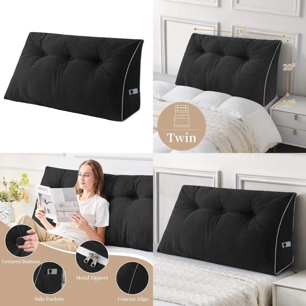 

Twin/Twin XL Wedge Daybed Backrest Pillow for Dorm, Reading, and Sitting Comfort, with Washable Cover, Black