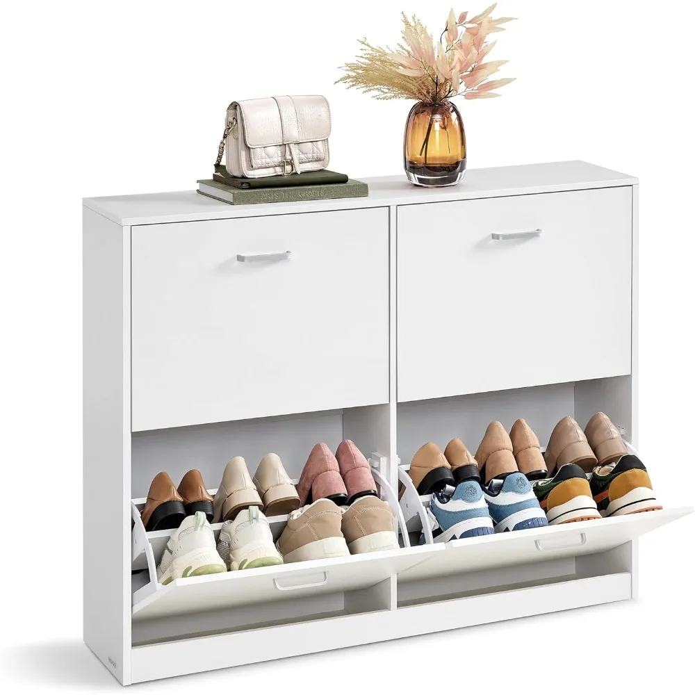 

Shoe cabinet with 4 flip doors, can store 16-28 pairs of shoes, adjustable divider