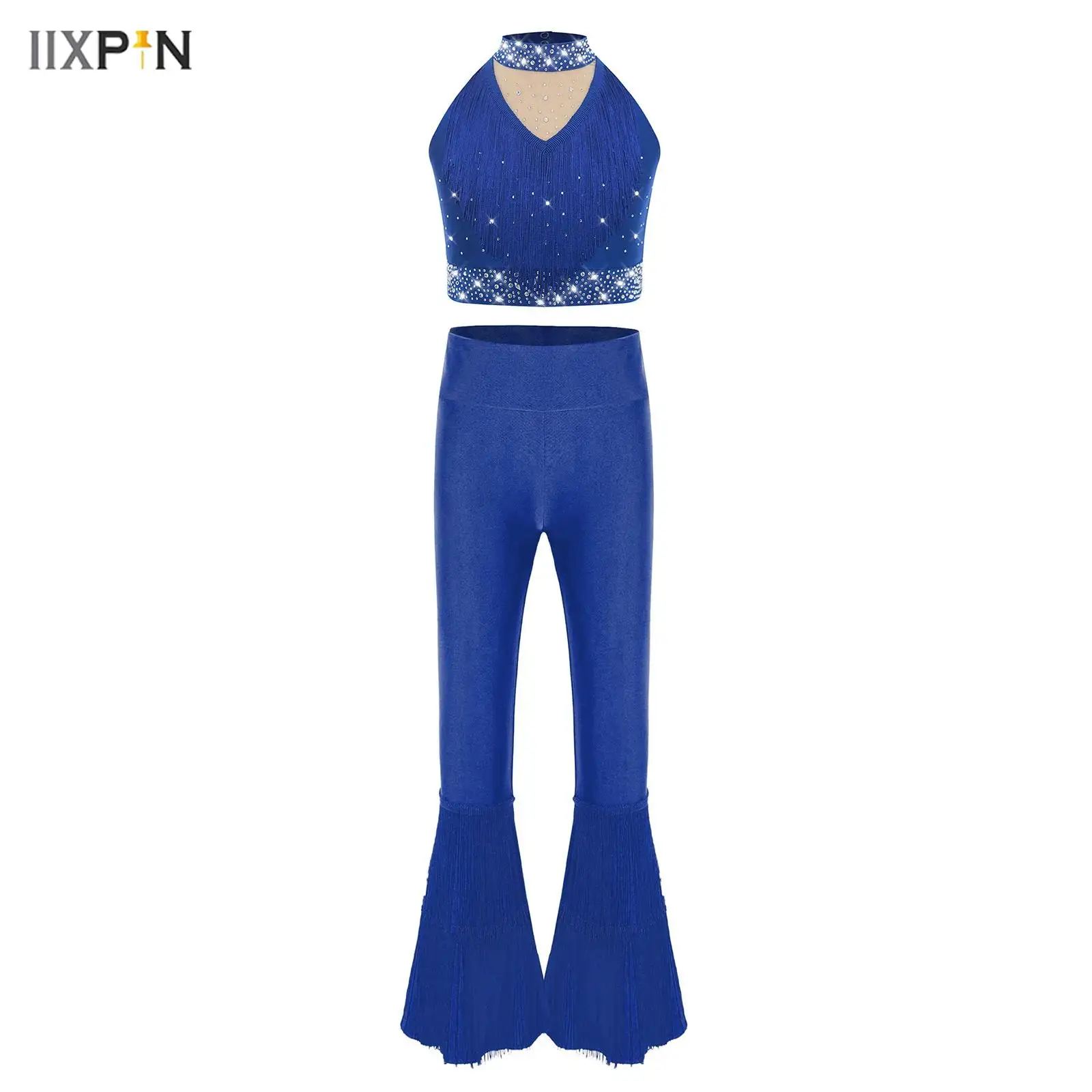 

Kids Girls Latin Dance Outfit Sleeveless Rhinestones Vest Top+Tassel Bell-Bottom Pants Sets Ballroom Rumba Samba Dance Costume
