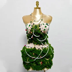 Shinning Rhinestones Green Skirt Birthday Christmas Party Nightclub Dance Singer Stage Costumes Party Club Drag Queen Outfit