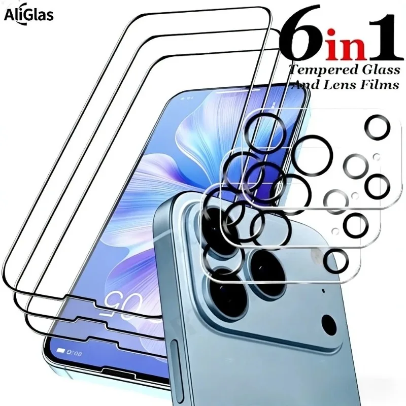 

6-in-1 Full Cover Screen Protector for iPhone 17 16 15 14 Pro Max Air 16e Camera Lens Glass for iPhone 13 12 11 Pro 15 14 Plus