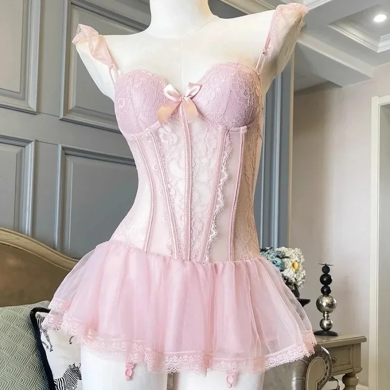 

Sweet Ladies Bra & Brief Sets Fishbone Corset Lace Lingerie Strap Gathered Push Up Thin Pajamas with Chest Pads Adult Underwear