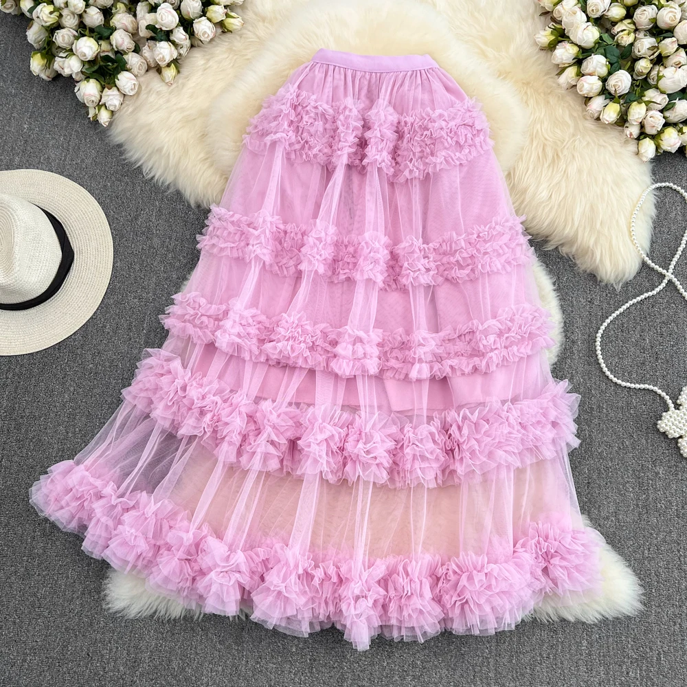 High Waist A-Line  Skirt with Lace And Elastic Waist Mid-Length Over-Knee Multi-Layered Cake Sle Fairy T Skirt